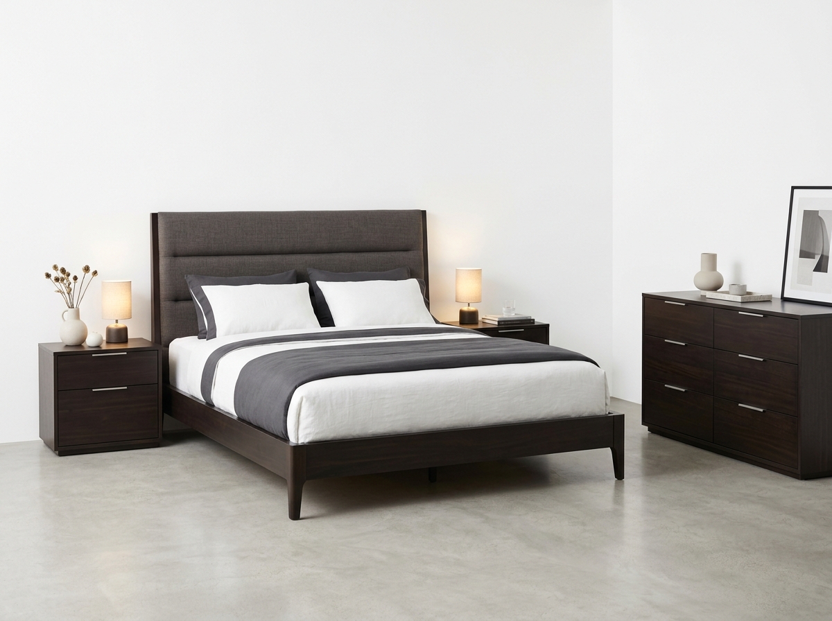 Juego de alcoba completo con cama platform King, nocheros y cómoda en acabado espresso