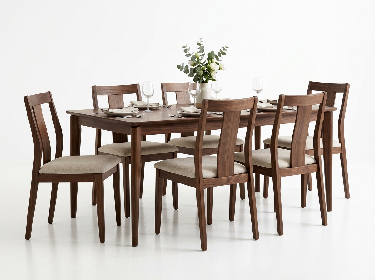 Comedor de 8 puestos en madera maciza de nogal oscuro con sillas tapizadas beige