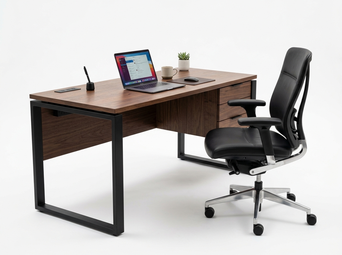 Escritorio ejecutivo en roble oscuro y acero negro con silla ergonómica de cuero